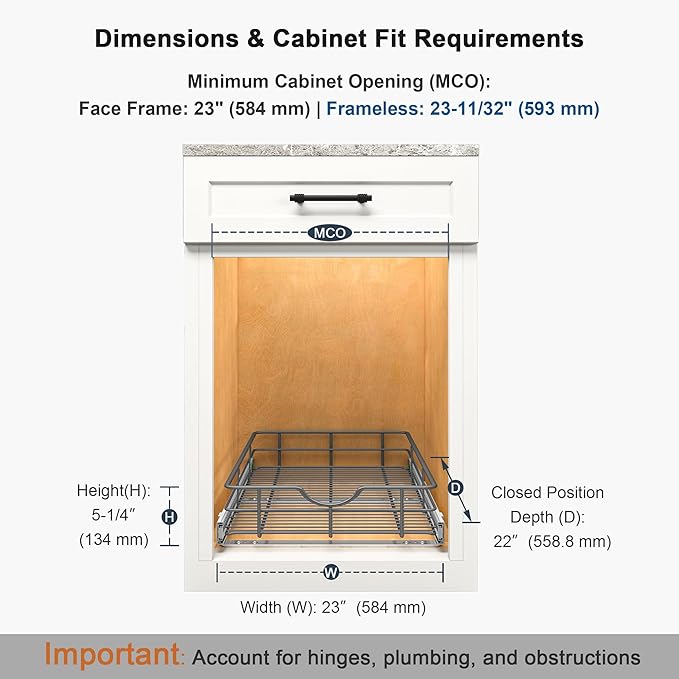 Pull Out Shelves - 23" W x 22" D Soft Close Pull Out Cabinet Organizer 1 Tier - Sliding Shelves with Shelf Liner - Heavy Duty Steel Wire Drawers for Kitchen Cabinets, Pantry, Bathroom