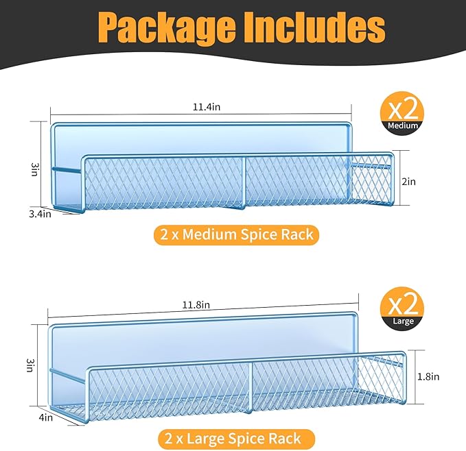 DTUQYX Magnetic Spice Rack for Refrigerator, 4 Pack 100% Metal Strong Magnet Fridge Shelves, Space Saving Spice Organizer, No Drilling Moveable Home Kitchen Laundry Room Storage Organization, Blue