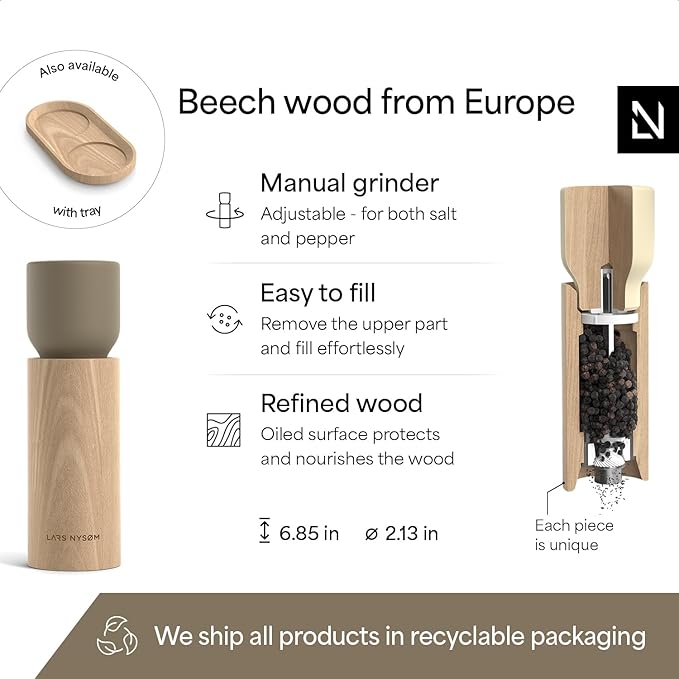 LARS NYSØM Wooden Salt and Pepper Grinder Set Manual - Salt and Pepper Mills with Adjustable Ceramic Grinder - Elegant Beechwood Pepper and Salt Mill Set for Dining Table (Brown/Beige)