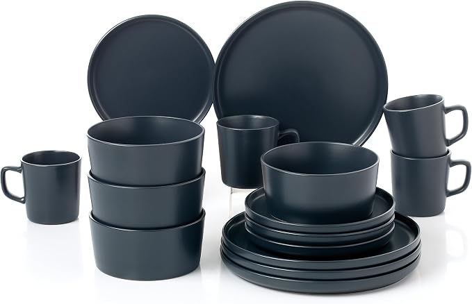 Lorren Home Trends Gray Stoneware Dinnerware Set, 16 Piece, Service for 4, Microwave and Dishwasher Safe