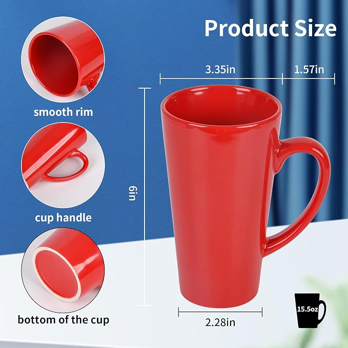 BYCNZB 16oz black Funnel Ceramic Tall Coffee Mugs for Coffee, Tea, Cocoa, Latte, Milk set of 4 (Red)