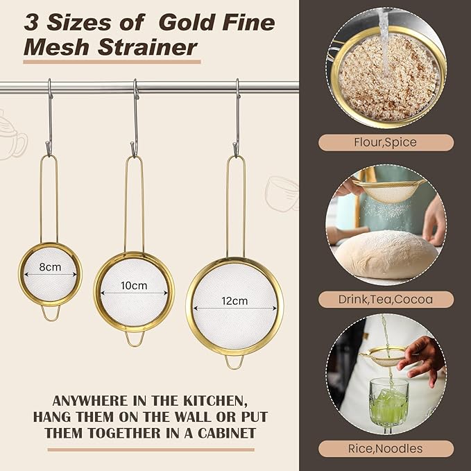 Baderke 7 Pcs Gold Kitchen Accessories Includes Stainless Steel Colander with Handles, 3 Gold Mixing Bowls with Airtight Lids and 3 Fine Mesh Strainer (Colander: 4 Qt, Mixing Bowls: 1/1.5/2 Qt)