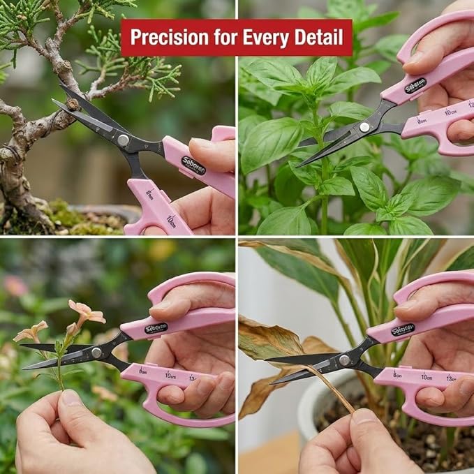 Saboten Fluorine Coated Angled Blade Trimming Scissors Pink PT-2 160mm Precision Gardening Bonsai and Floral Shears Made in Japan