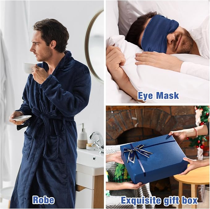 Nuogo 15 Pcs Birthday Gifts for Men Beard Care Set for Him Dad Birthday Gifts Basket Ideas Kit for Men Tumbler Bath Robe for Father's Day Dad Husband Boyfriend Box(Unhooded,Navy)