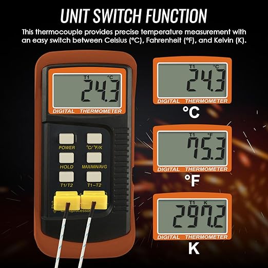 K Type Thermocouple Thermometer (-50~1300°C), Dual Channels Digital Thermometer with 2 Temperature Clamp 2 Wired Thermocouple Probes, High Accuracy Temperature Kelvin Scale Meter Tester