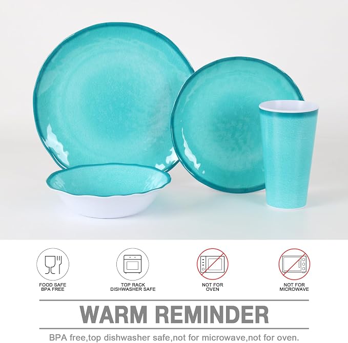 Melamine Dinnerware Set for 4-16 Pcs:Camping Dishes Set with Dinner Plates,Salad Plates,Bowls and Cups.Lightweight and Unbreakable.Indoor and Outdoor Use.