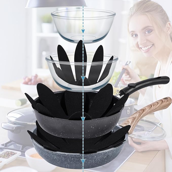 Queekay 36 Pcs Felt Pot Pan Protectors Dish Dividers Separators Bakeware Cookware Scratch Protectors Different Sizes, Thicker Pan Pads for Stacking Cookware Organizing Protecting(Black)