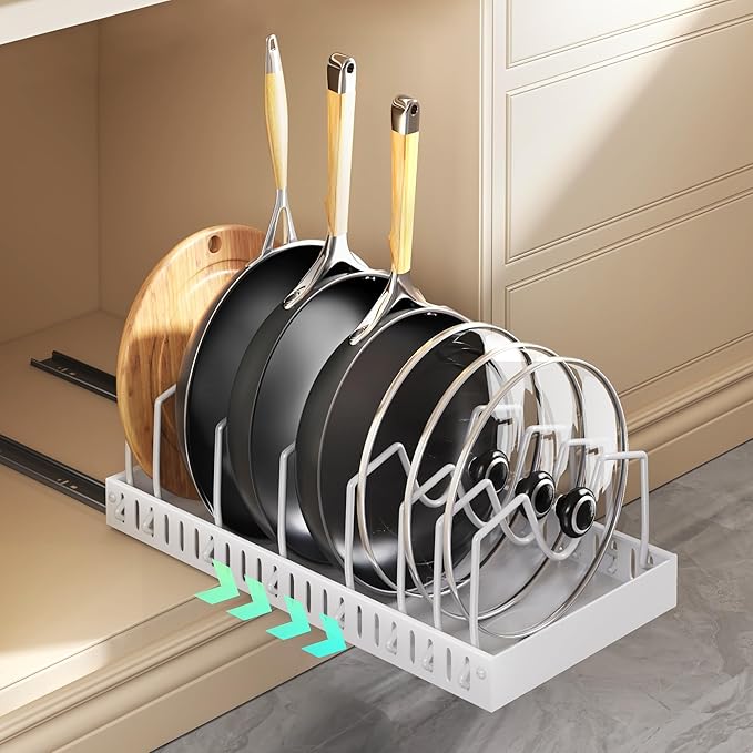 Lozovin Pull Out Pots and Pans Organizer Under Cabinet, Sliding Lid Holder and Pan Rack in Kitchen, Slide Out inside Cabinet Storage for Pot Lid, Bakeware, Dishes, 8 Adjustable Dividers, 1 Pack White