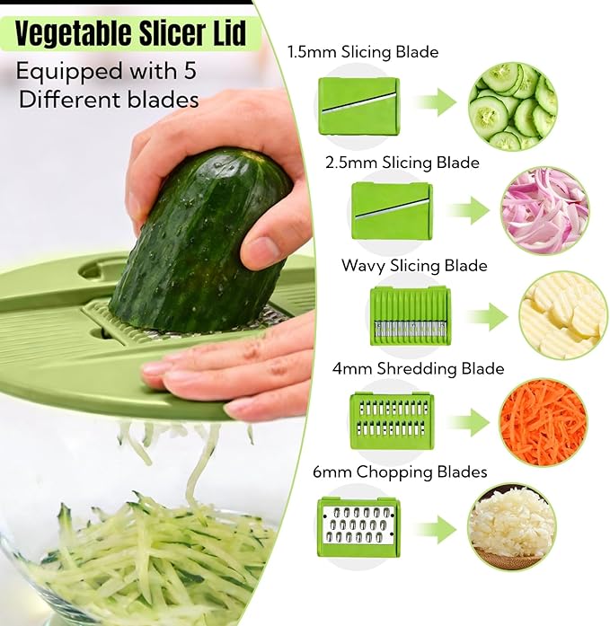 Salad Spinner, Large Vegetables Wash Bowl, 4.8 Qt Fruits Lettuce Dryer with 5 Blade Slicer and Slicer Egg Yolk Strainer Shredder for Salad Cleaner