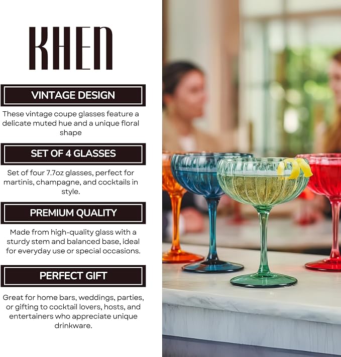 Khen Flower Modern Wavy Glass Coupes Martini, Champagne & Cocktail Coupes - Set of 4-7.7 oz Colorful Cocktail Glasses for Champagne, Prosecco, Mimosa - Copyright Design - Muted Pastel Colors
