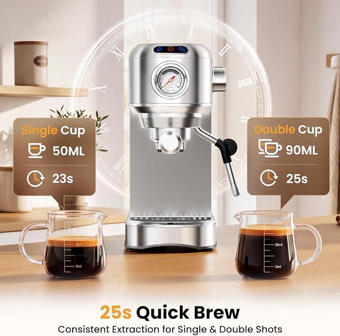 Espresso Machine 20 Bar, Compact Espresso Coffee Machine with Milk Frother, Stainless Steel Coffee Maker with 34oz Removable Water Tank, Cappuccino Machine for Home, Office, Latte (Silver)