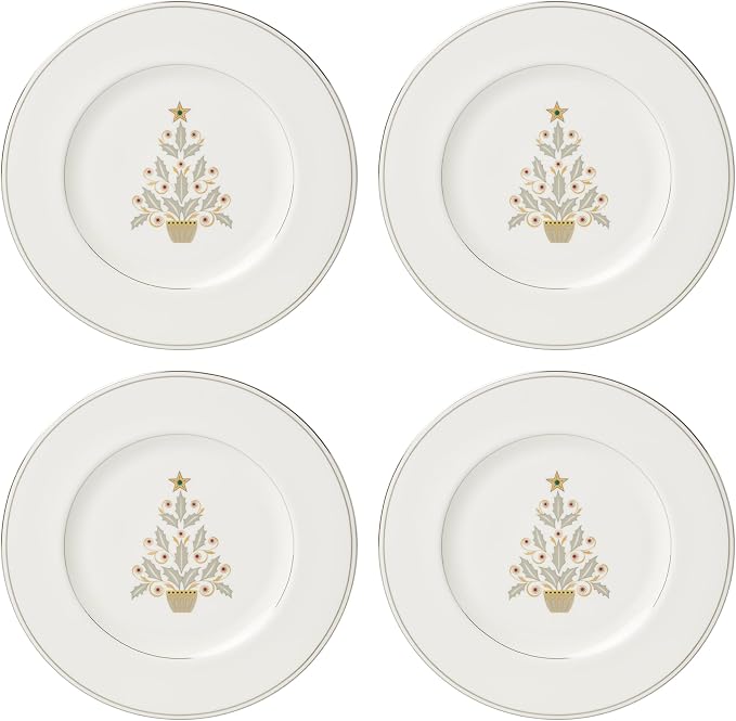 Lenox 897868 Federal Platinum Tree Accent Plates, Service For 4, Christmas Dishes, Dinnerware Set, Holiday