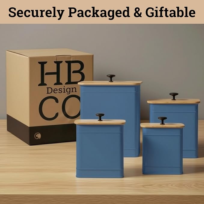 Kitchen Canisters for Countertop Set of 4 w/ Chalkboard Labels & Marker Pen | Airtight Easy Open Bamboo Lids, Dent-Resistant Thick Metal, Customizable Chalkboard Labels, Marker Pen Included, Set of 4