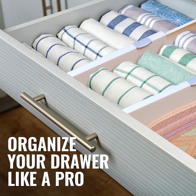 RAPTUROUS Adjustable Deep Drawer Divider – 5" Tall, Expandable 13-22", 10-Pack, Non-Slip Drawer Dividers for Clothes, Dresser, Kitchen & Office Organization (White)