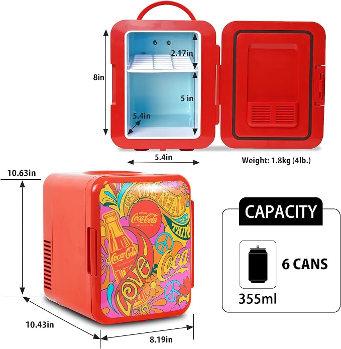 Coca Cola Mini Fridge - Refrigerator for Bedroom Office, Portable Table Top Beverage Cooler, 12V 110V Refrigerador For Drinks, Soda, Wine, Use In Car, Dorm, Outdoor, Patio, 6 Can