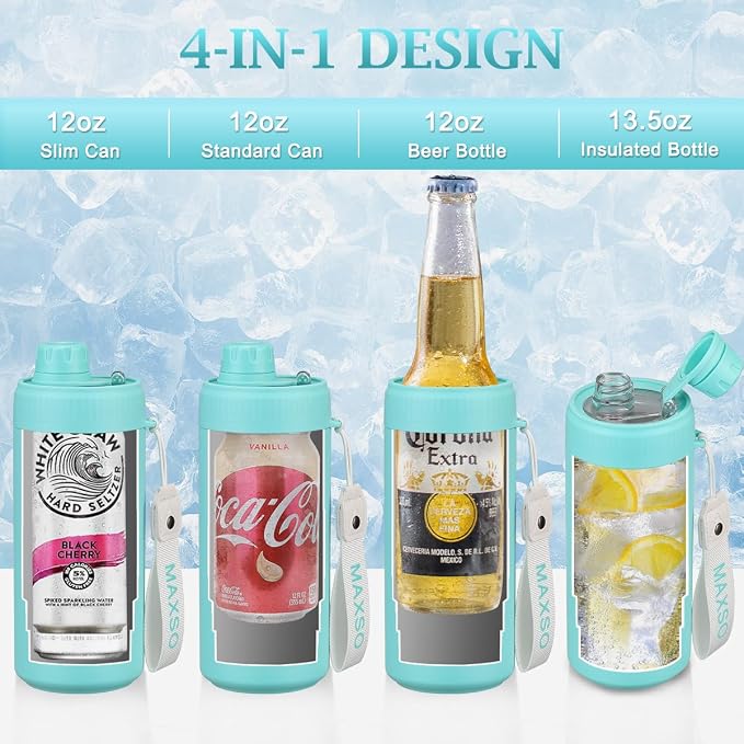 MAXSO Sealed Can Cooler Fizz Lid Can Cover for 12 oz Regular, Slim Skinny Cans & As Thermal Bottle, 4-in-1 Insulated Vacuum Stainless Steel Carbonated Cold Drink Holder - Turquoise