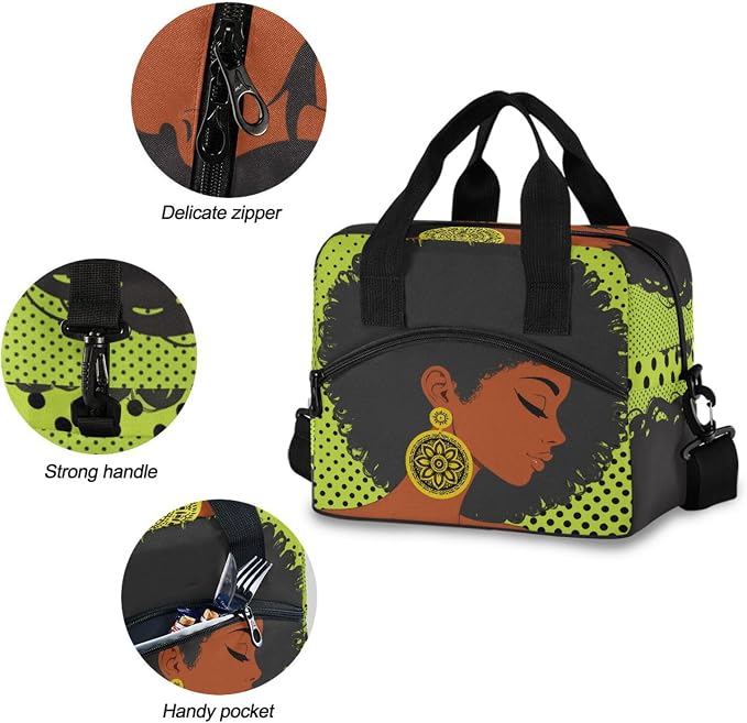 Reusable Lunch Bag for Girls Women,African American Woman Lunch Box Container with Detachable Shoulder Strap,Insulated Lunch Coolers for School Office