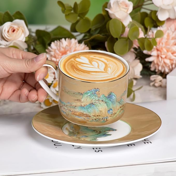 KAMMAK Tea Cups and Saucers Set of 2, Porcelain Coffee Cups, Stackable Espresso Mugs, Ceramic Demitasse for Coffee, Cappuccino, Latte, Americano, Tea, Large - River and Mountains