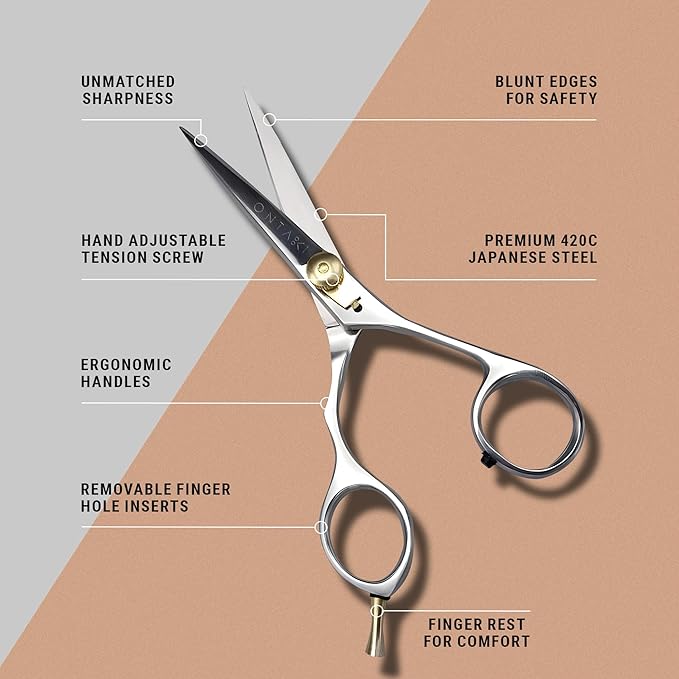 Ontaki Japanese Mustache & Beard Scissors - 5.5" 420C Steel Left Hand - Ergonomic Bent-Handle Hair Shears for Precision - Pro-Grade Blades for Barber Scissors - Beard Trimming Kit with Comb & Pouch