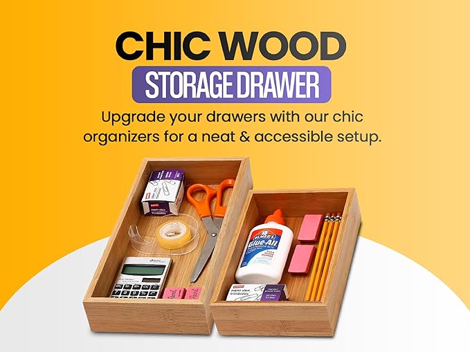 YBM Home Bamboo Drawer Organizer Storage Box for Kitchen Drawer, Junk Drawer, Office, Bedroom, Children Room, Craft, Sewing, and Bathroom, 6 Pack 6x9x2 inch