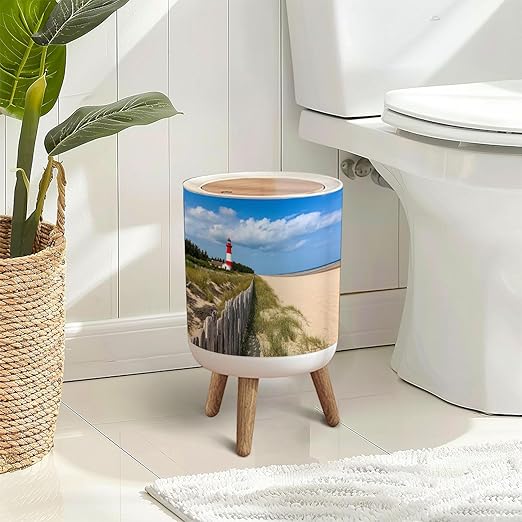 Trash Can with Lid Barnegat Lighthouse Sand Beach Fence New Jersey Press Top Round Small Garbage Bin with Wooden Legs Waste Basket for Kitchen Bedroom Nursery 7L/1.8 Gallon