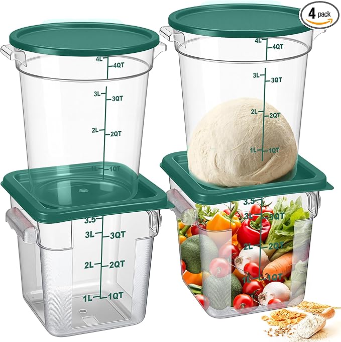 Blushtier 4 Pcs Food Storage Container with Lids Set 4 Qt Square and Round Clear PC Commercial Containers with Scale Handle for Home Restaurant Kitchen Food Storage, Dough Rise, Flour(Green)