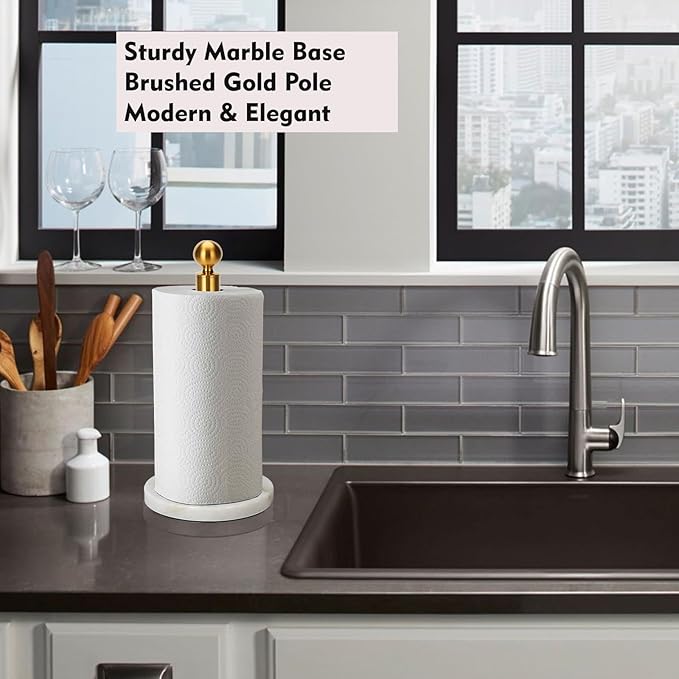 Gold Paper Towel Holder Countertop, with Weighted Marble Base for One-Handed Operation, No Wobbly (Marble Base, Gold)