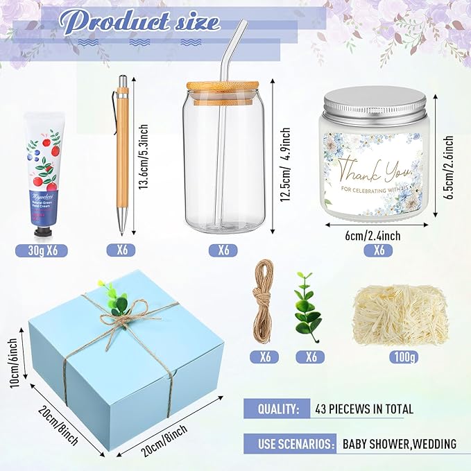 Reallnaive 6 Sets Baby Shower Prizes for Game Winners, Baby Shower Favors Including Glass Cup Scented Candles Hand Cream Pens Gift Box with Raffia for Gender Reveal Wedding Bridal Party Prizes(Blue)