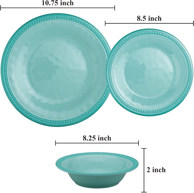 UPware 12 Piece Beaded Melamine Dinnerware Sets, Outdoor Dishes Set, Plates and Bowls Sets, Service for 4, Aqua Blue