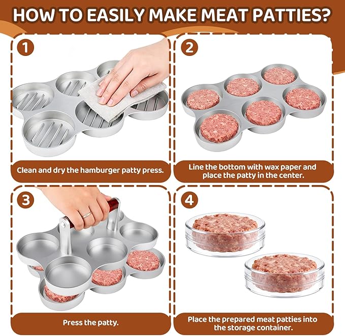 Mini Burger Press, 6 Slots Slider Sausage Patty Press with 200 Patty Papers and 6 Storage Containers, Heavy Duty Round Shape Meat Patty Maker for Small Hamburger, BBQ, Picnic