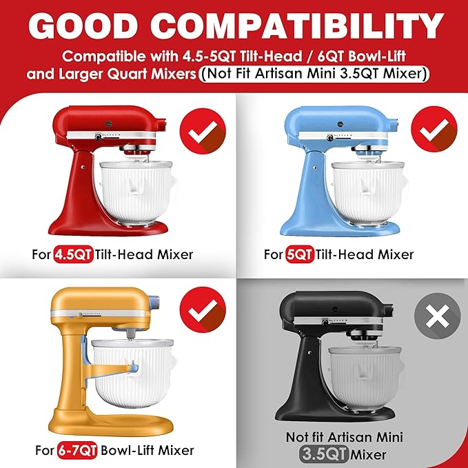 Ice Cream Maker Attachment for KitchenAid, Fits KitchenAid 4.5/5QT & 6QT Mixers, Frozen Ice Cream & Sorbet Gelato Maker, 2 Quart, White