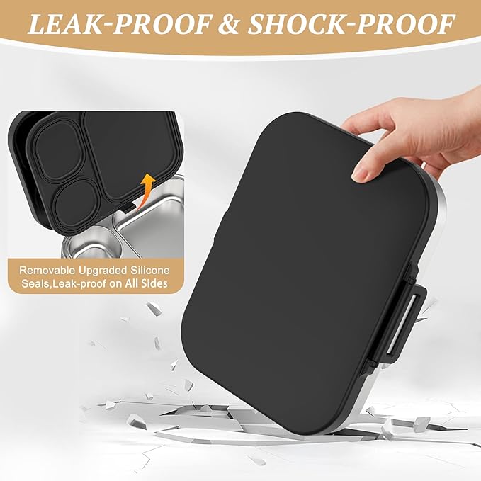 Stainless Steel Lunch Box, Leak-Proof with free sealing Bento Box 3 Compartments, Metal Lunchbox for Travel & Work, Eco-Friendly Meal Storage Solution Black
