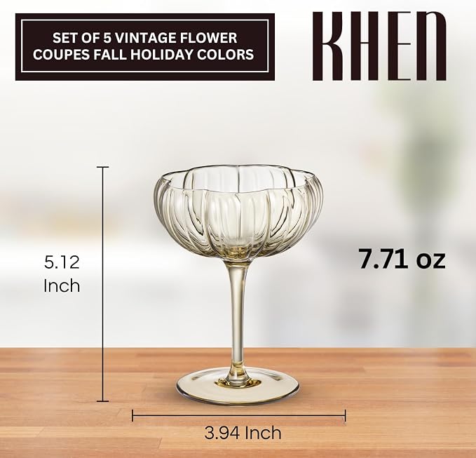 Khen Flower Vintage Wavy Glass Coupes Martini, Champagne & Cocktail Coupes - Set of 5-7oz Colorful Cocktail Glasses & Champagne, Prosecco, Mimosa Glassware Gift, Copyright Design - Summer Flora Coupes