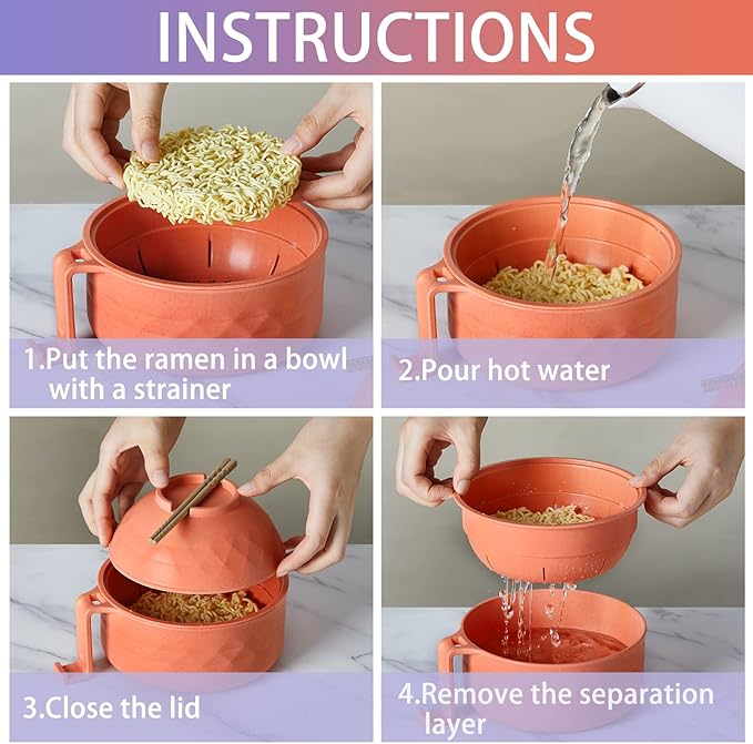 2 Sets Microwave Ramen Bowl 40 oz Wheat Fiber Portable Instant Noodle Cooker Bowl with Handles Strainer Spoon Chopstick Fork College Dorm Room Apartment Essentials(Purple,Orange)