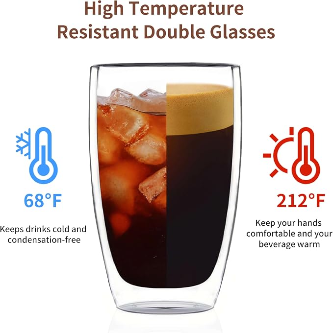 DOPUDO 17oz Double Wall Glass Coffee Mugs Set of 48, Insulated Coffee Mug, Clear Borosilicate Glass Coffee Cups for Cappuccino, Tea, Lightweight and Microwave Safe