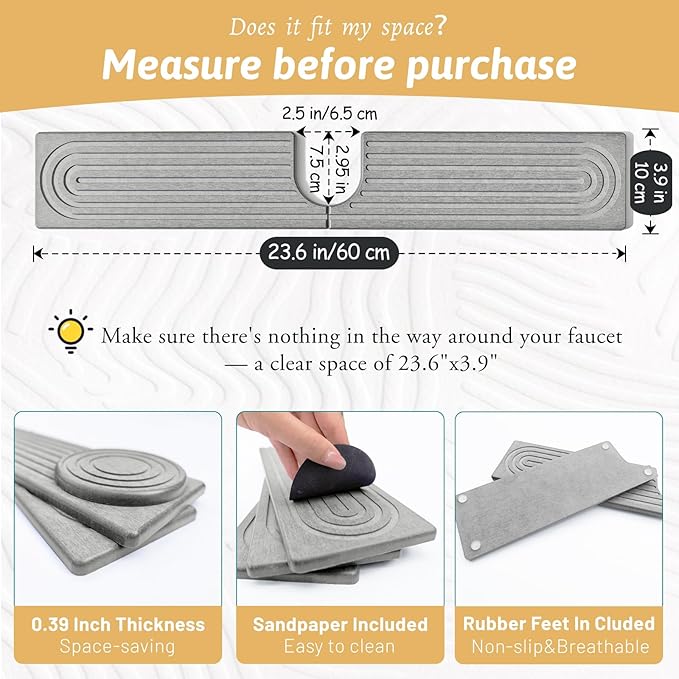 Diatomite Sink Faucet Splash Guard U Shape, 24" Large Stone Sink Tray, Modern Faucet Handle Drip Catcher Stone, Durable Faucet Draining Mat Protector for Kitchen Bathroom Island Counter, Light Grey