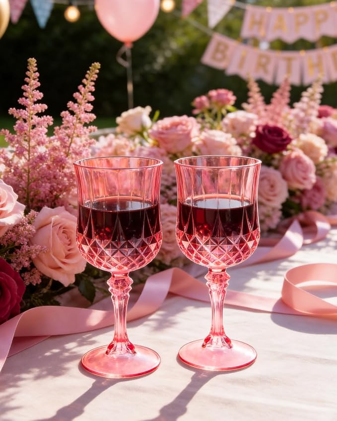 Ciaell 24PCS Pink Plastic Wine Glasses - 7 Oz Plastic Goblets for Party - Pink Vintage Drinking Glasses - Disposable Water Goblets Set for Wedding, Bar, Wine, Cocktail, Whiskey