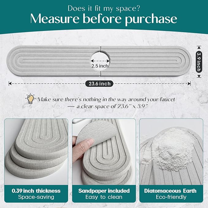Kitchen Faucet Mat - Diatomite Splash Guard for Sink, Quick-Drying Water Absorbing Stone Tray [Light Grey, 23.6" x 3.9"]