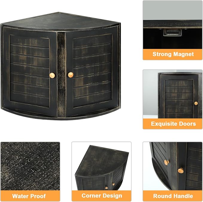 HOMEKOKO Double Layers Bamboo Corner Bread Box for Kitchen Counter, Vintage Wooden Large Capacity Bamboo Bread Food Storage Bin (Vintage Black)