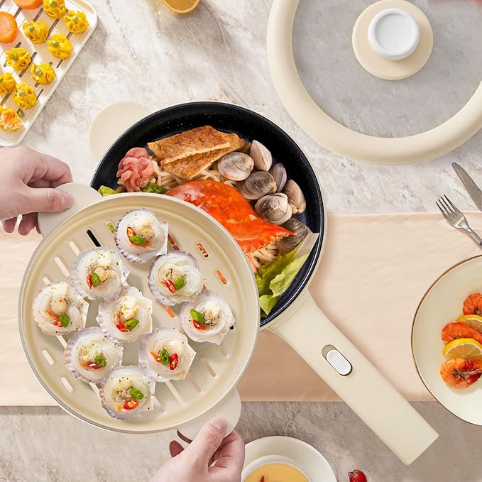 Dezin Hot Pot Electric, 2L Non-Stick Sauté Pan, Rapid Noodles Cooker, Mini Portable Pot for Steak, Egg, Fried Rice, Ramen, Oatmeal, Soup with Power Adjustment & Spatula, College Dorm Room Essential