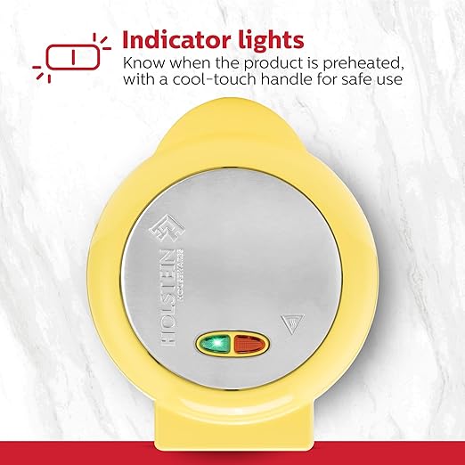 Holstein Housewares Stainless Steel 2 Section Omelet & Frittata Maker, Non Stick Coating, Easy To Clean, Indicator Lights, Compact Storage, Prepare Versatile Recipes in Minutes. 2 Portions, Yellow
