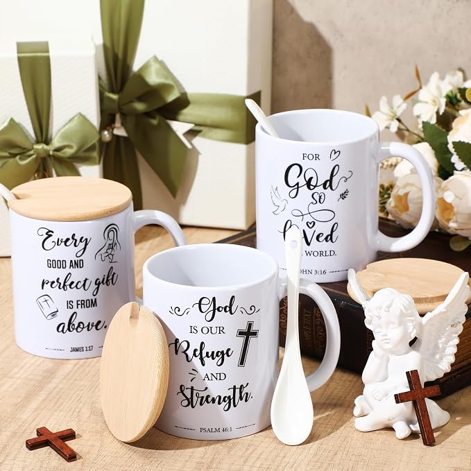Didaey 12 Sets Christian Gifts Bulk Religious Coffee Mugs 12oz Bible Verses White Ceramic Cup with Lid Handle Spoon Inspirational Mug Church Gift for Men Coworker Employee Staff(Religious)