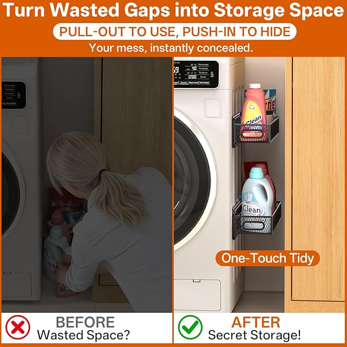DTUQYX 2-Pack Magnetic Pull Out Laundry Organizer, Slide Out Magnetic Shelves for Washing Machine, Strong Magnet Metal Basket for Washer Dryer Laundry Room, Heavy Duty Widen Spice Rack for Kitchen