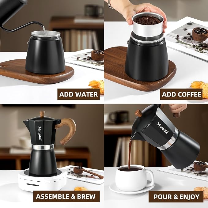 Mongdio Stovetop Espresso Maker Moka Pot, Cuban Coffee Maker Stove top coffee maker Moka Italian Espresso Greca Coffee Maker Brewer Percolator, 9 Espresso Cups, 15 oz - Black