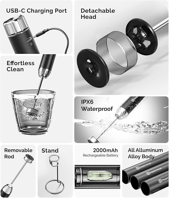 Maestri House Barista-Grade Milk Frother, LunaFro Art Rechargeable Handheld Frother with Stepless Speed Control, Silicone Dot-Pad with IPX6 Waterproof, Latte Art-Level Microfoam for Latte & Flat White