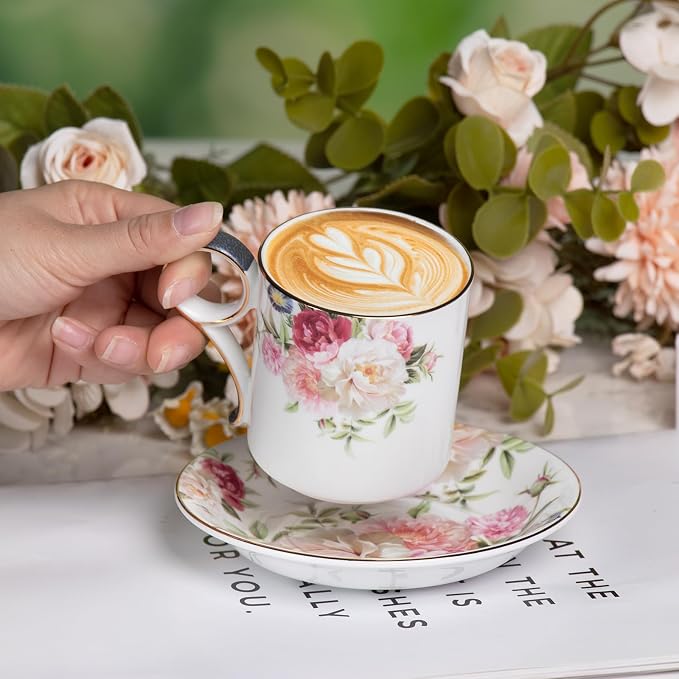 KAMMAK Tea Cups and Saucers Set of 2, Porcelain Coffee Cups, Stackable Espresso Mugs, Ceramic Demitasse for Coffee, Cappuccino, Latte, Americano, Tea, Gray