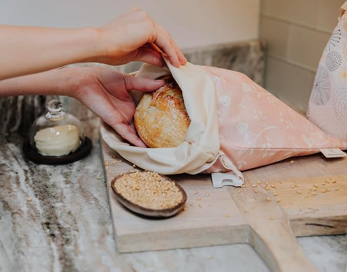 Reusable Beeswax Bread Bag 2 Pack –12x17 Bread Bag for Homemade Sourdough, Beeswax Coated Organic Cotton Storage Bag for Loaf Baguette, Freezer Safe, Eco-Friendly Wrap Spiral Blossoms