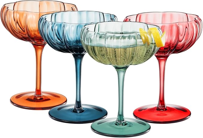 Khen Flower Modern Wavy Glass Coupes Martini, Champagne & Cocktail Coupes - Set of 4-7.7 oz Colorful Cocktail Glasses for Champagne, Prosecco, Mimosa - Copyright Design - Muted Pastel Colors