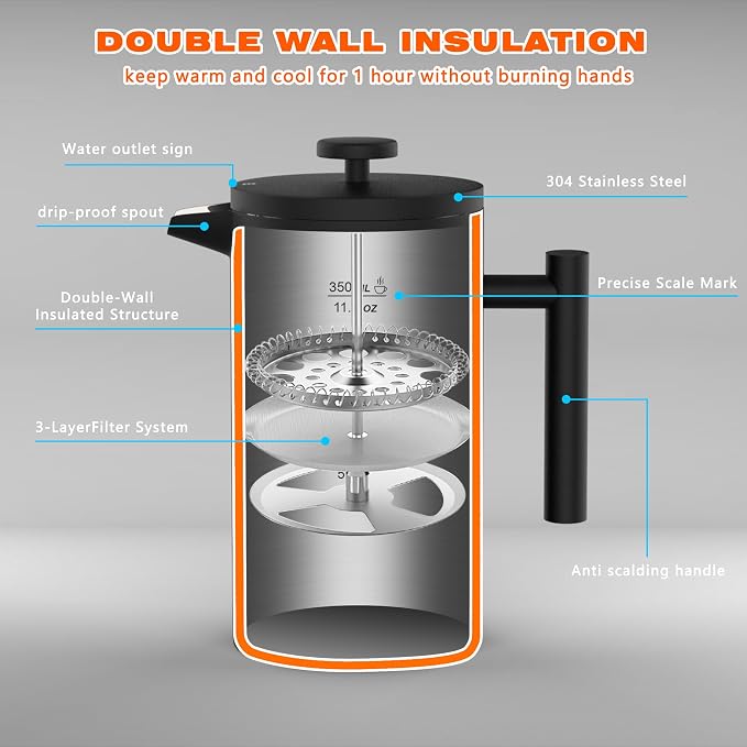 French Press Coffee Maker, 12OZ Double Wall Vacuum Insulated 304 Stainless Steel for Home, Camping and Office