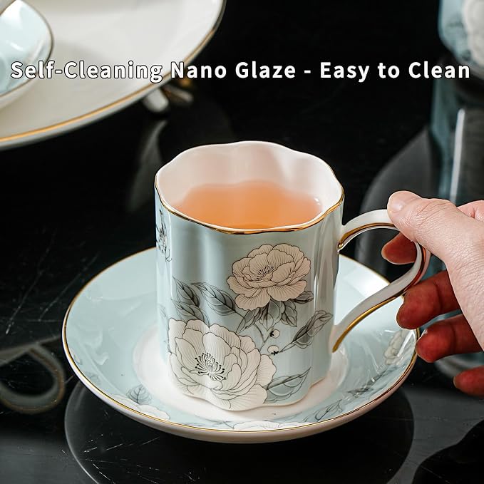Floral Tea Cup and Saucer Set, Bone China Cup and Saucer with Spoon, Elegant Porcelain Coffee Cup with Gold Trim, Food Grade Coffee Mug for Women, Tea Party, Gifts Giving, 8.5 oz